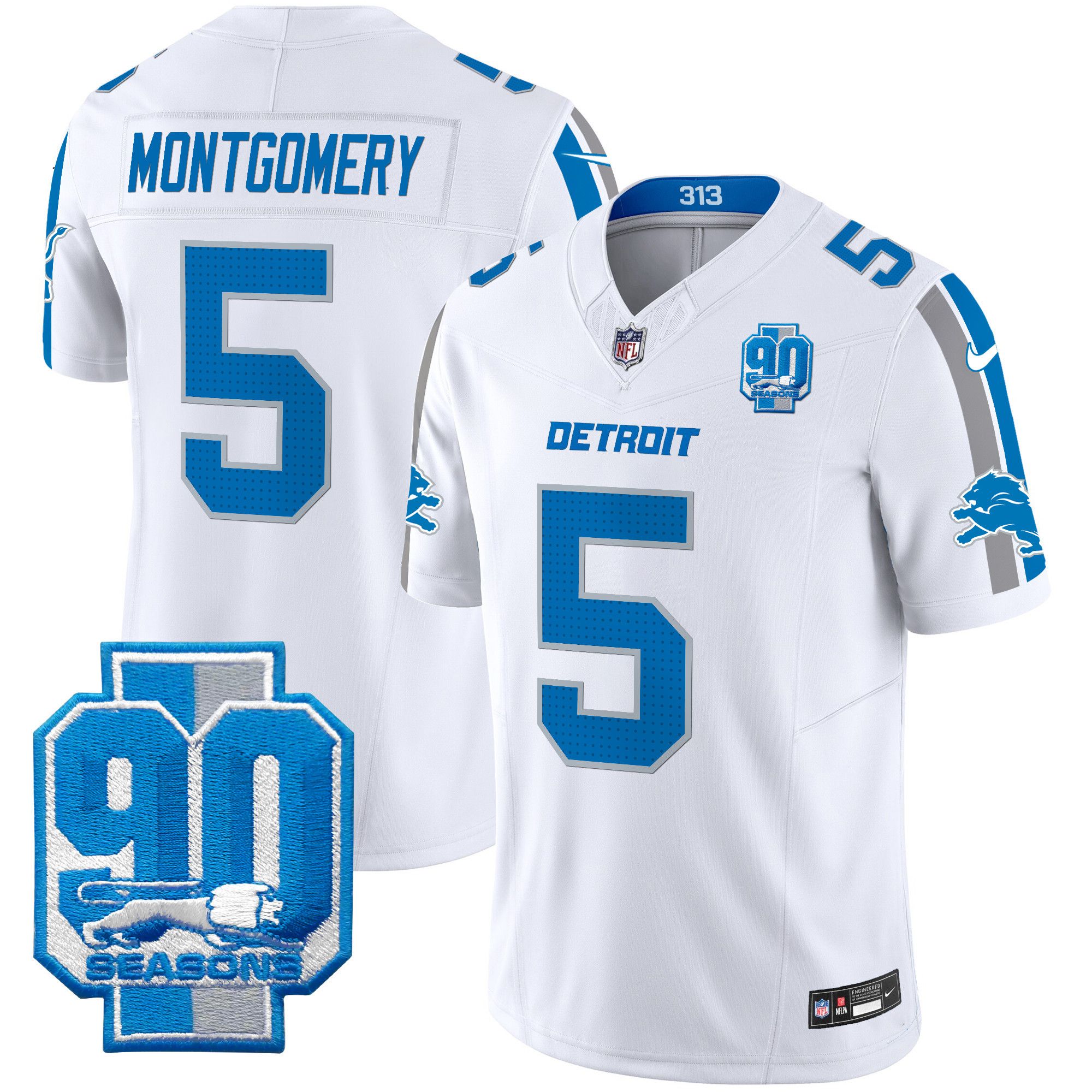 Men Detroit Lions 5 Montgomery White 2024 Nike 90th Year Patch Vapor Limited NFL Jersey